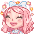 my animal crossing character with pink long hair and a white bow on her head as an icon, flowers around the head and a big smile on her face